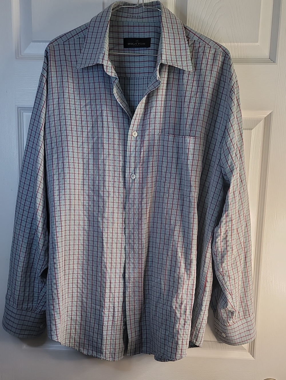 Bugatchi Light Blue Plaid Button-Down Shirt with Red and Navy Grid